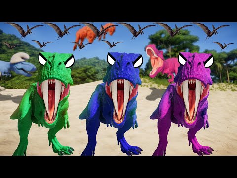 REXY COLOR TEAM vs Spinosaurus, Indoraptor, Carnotaurus - Jurassic World Evolution Dinosaurs Fight