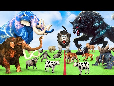 5 Giant Mammoth Elephant Cow Vs Giant Wolf Attack Vs 5 Giant Lion Tiger Saved By Woolly Mammoth