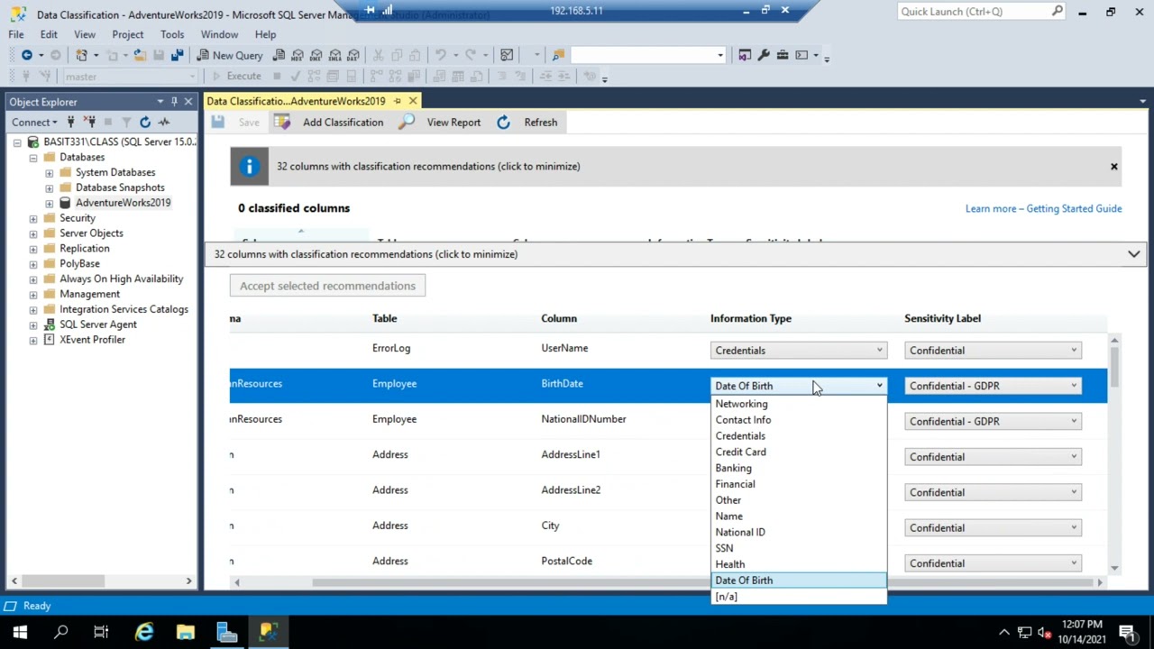 SQL data classification and reporting