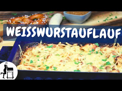 Bayerischer Weißwurstauflauf mit Brezen & Essiggurken