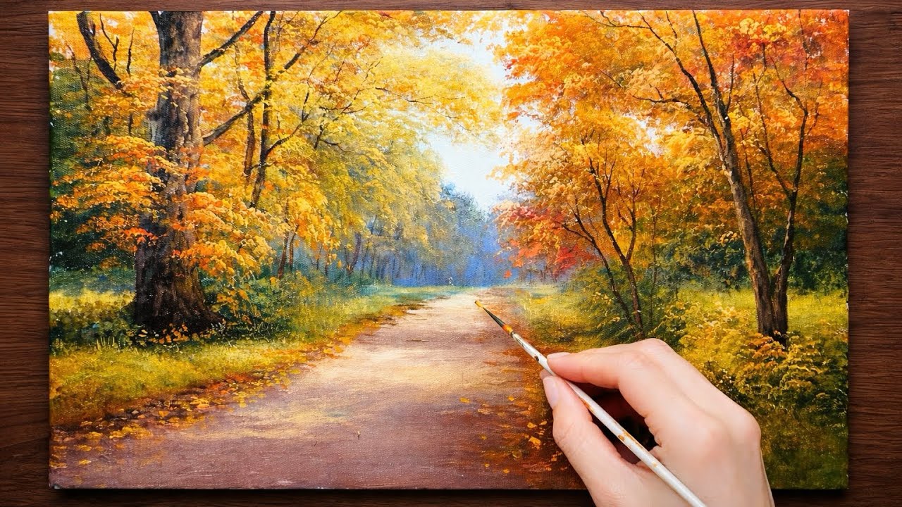 Easy Autumn Landscape Painting | Acrylic Forest Path Tutorial (Step by Step)