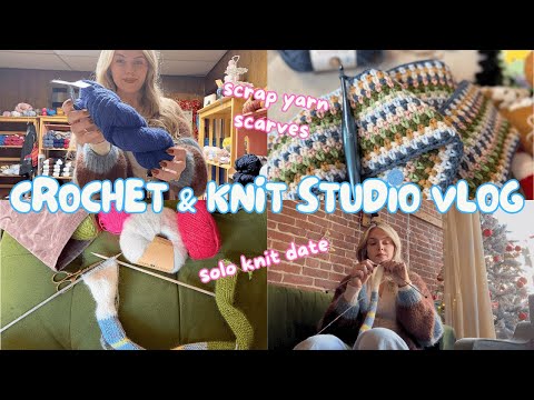 Crochet with me VLOG - skinny scrap yarn scarf, solo knit date, and holiday vibes!