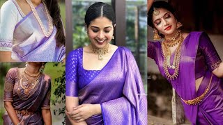 PURPLE Kanchipuram sarees, Pattu kanchipuram silk sarees with contrast blouse designs