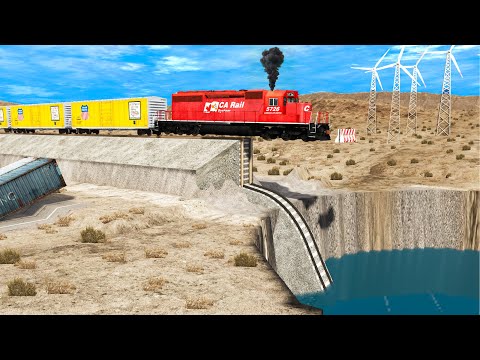 Trains vs Unfinished Railway with Giant Pit Deep Water - BeamNG.Drive