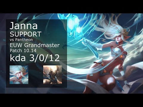 Janna Support vs Pantheon - EUW Grandmaster 3/0/12 Patch 10.14 Gameplay