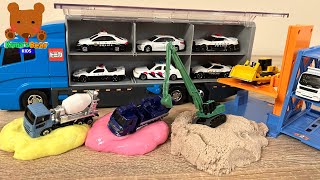 Construction Vehicles & Police Cars Trapped in Sand, Slime! Put them on Car Carrier & more stories