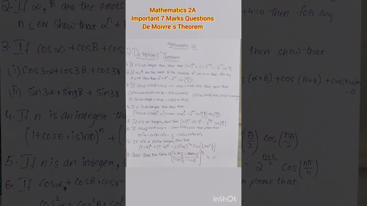 Intermediate 2nd year Mathematics #7 Marks   Important Questions #De Moivre's Theorem #Appschannel