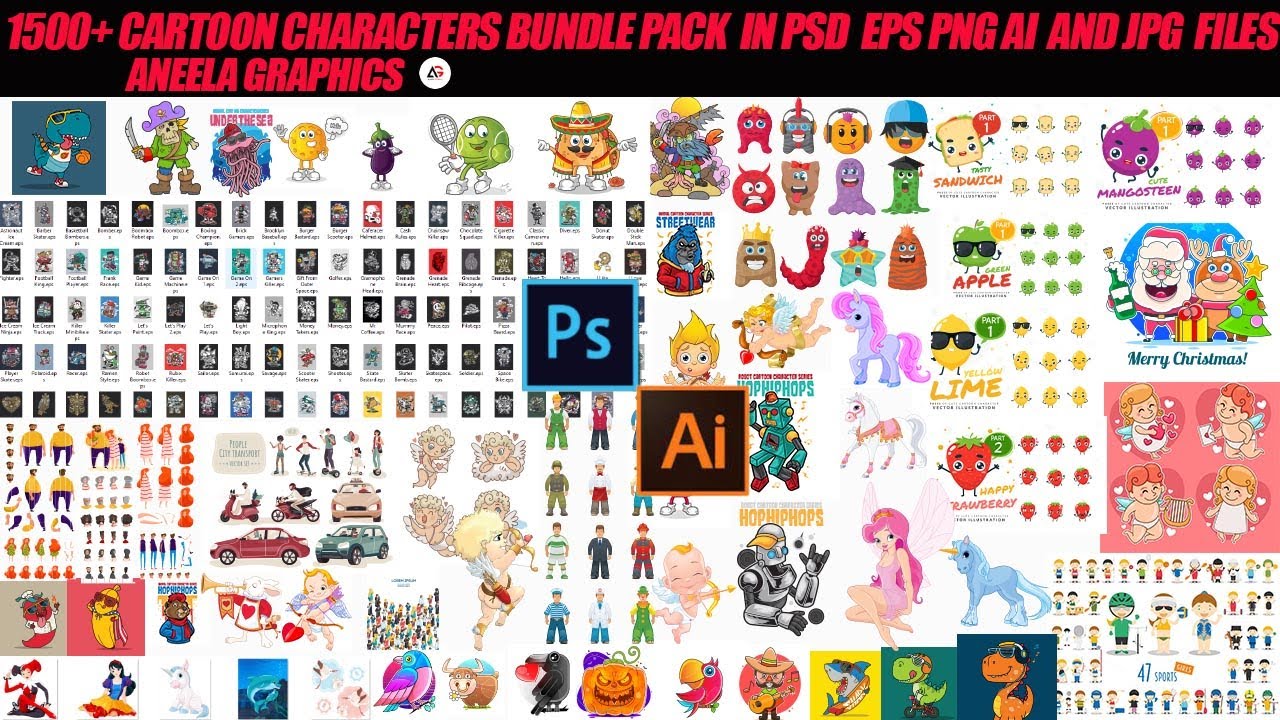 1500+ Cartoon Characters Bundle Pack In PSD PNG AI EPS and JPG  Files | Aneela Graphics |