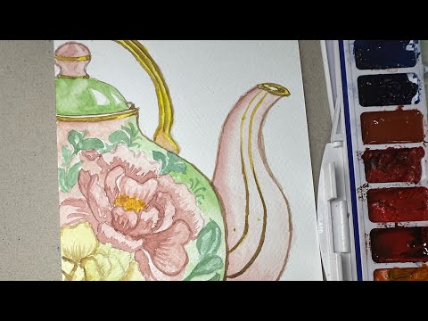 Watercolor Tutorial: Painting a Floral Pink & Green Teapot