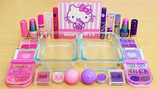 Pink vs Purple Bubble Tea Slime ASMR - Mixing Hello Kitty Makeup Eyeshadow Into Satisfying Slime