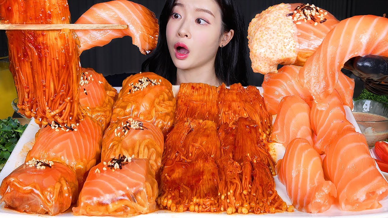 ASMR MUKBANG | 연어불닭쌈 🔥 대왕연어초밥 불닭팽이버섯 먹방! Salmon Buldak Noodles Wrap & Giant Salmon Sushi & Mushroom
