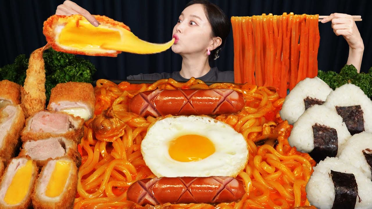 매콤한 🔥 불닭크림우동 & 치즈돈까스 새우튀김까지 야무지게 먹방 Buldak Cream Noodles Cheese Pork Cutlet Mukbang A