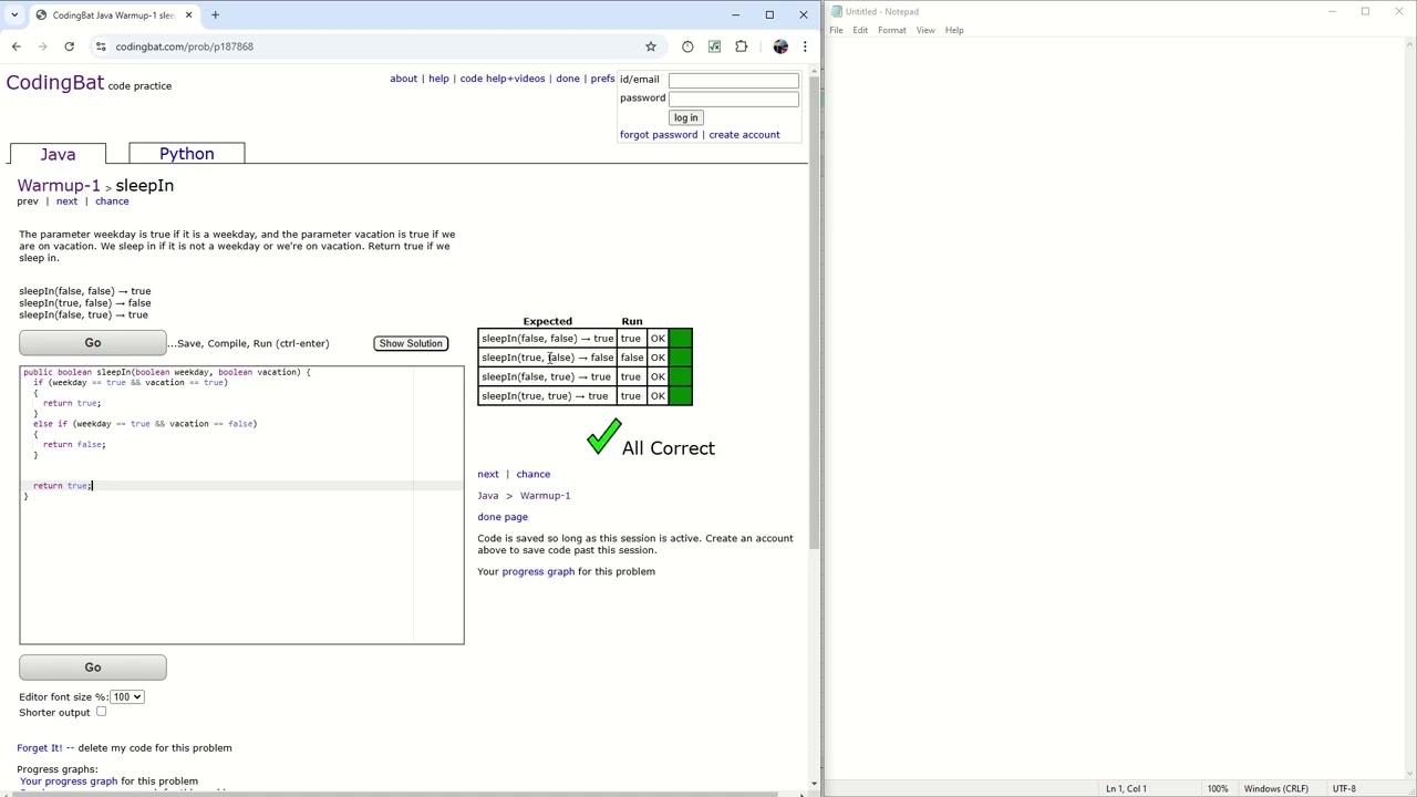 CodingBat Java - Warmup1 Task 1 - sleepIn