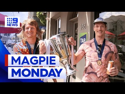 Collingwood grand final victory celebrations continue on ‘Magpie Monday’ | 9 News Australia