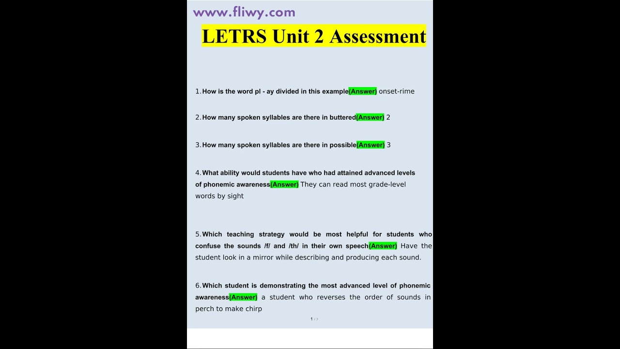 LETRS Unit 2 Assessment Questions and Answers 2022/2023 | Verified Answers