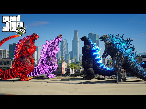 Team Shin Godzilla vs Atomic Godzilla x Heisei Godzilla - Epic Fight ( GTA V Mods )