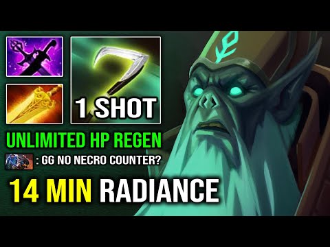 WTF 14Min Radiance Unlimited HP Regen 1v5 Tank Necrophos Crazy Burn DPS 1 Shot Dota 2