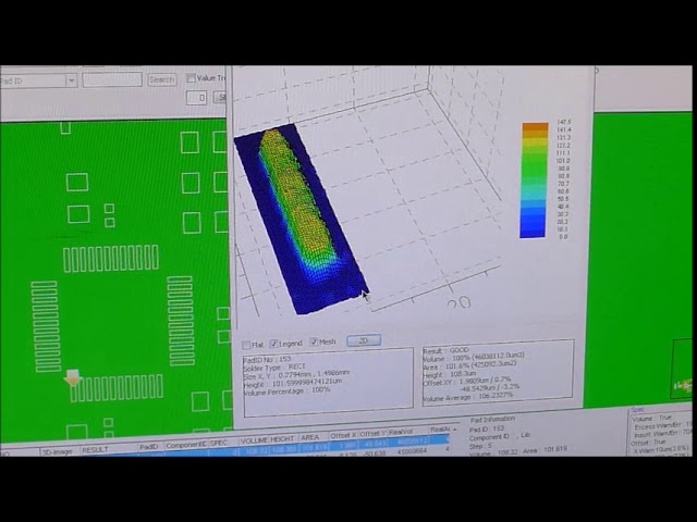 This is a running demon of the koh Young KY-3030 VAL Solder Paste Inspection machine.  The video shows the machine catching an error introduced in the solder paste print.