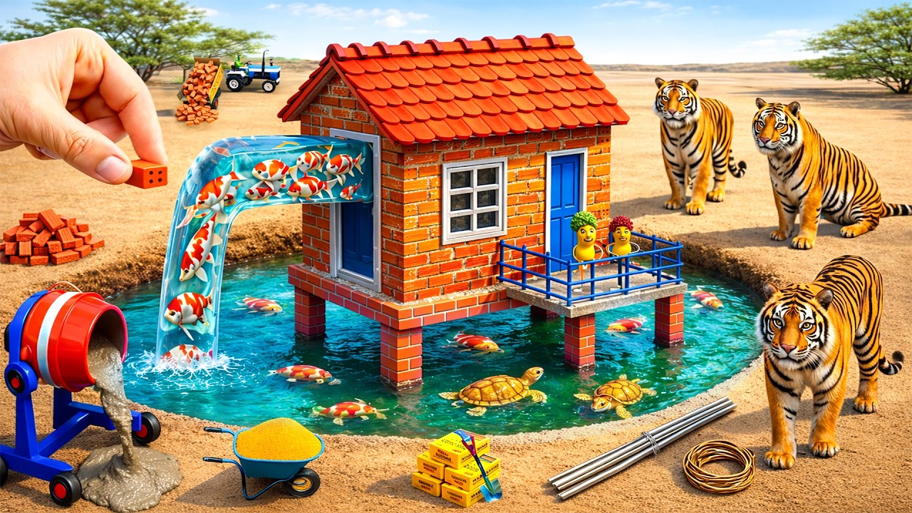 DIY Construction Science Project - Building a Modern Tiger Proof Fish House and Pool Tank with Brick