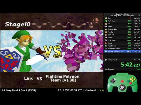 Super Smash Bros. Link, Very Hard 1 Stock No Continues - 08:35.110 (EMU) [ex-WR]