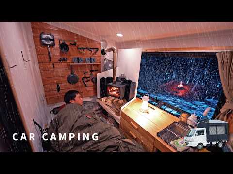 [Rain → Snow] -4°C in the snowy mountains. Car camping with a wood stove