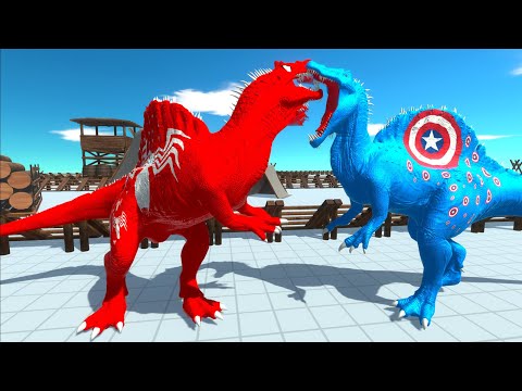 CAPTAIN AMERICA SPINOSAURUS vs RED SPIDERMAN SPINOSAURUS DEATH RUN - Animal Revolt Battle Simulator