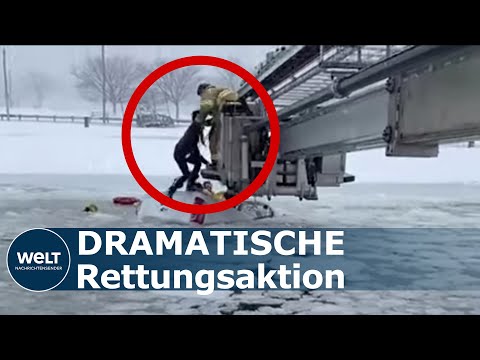 DÖSIGE DRIFTER: Pickup-Fahrer können in letzter Sekunde aus eisigem See gerettet werden