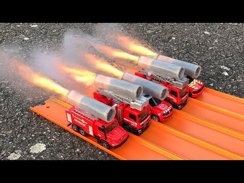 HOT WHEELS FIRE TRUCKS ROCKET POWERED RACE !! - YouTube