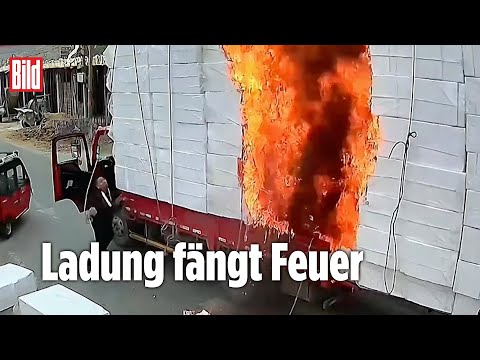 Gewaltiges Flammen-Inferno: Plötzlich brennt der komplette Lkw