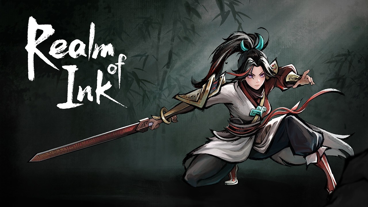 Promotional still showing swordswoman Red in combat against a mythological boss in ink-wash style