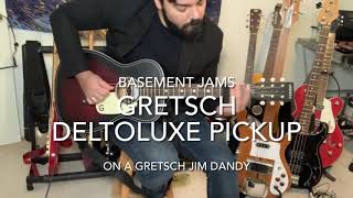 Video thumbnail for Gretsch Deltoluxe Pickup on a Gretsch Jim Dandy Acoustic Guitar by Hermetic Basement Studios Inc