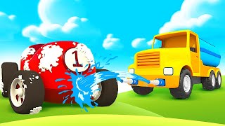 Street vehicles need help! Funny cartoons for kids with racing cars for kids. A water truck for kids