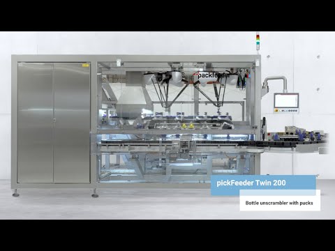 Multiformat robotic bottle unscrambler with pucks for cosmetics  - pickFeeder Twin200