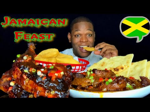 AUTHENTIC JAMAICAN FOOD MUKBANG | JERK CHICKEN | BROWN STEW PORK | NAAN | FESTIVAL | SAUCE DACKTA