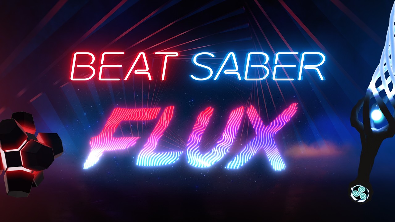 Beat Saber Flux title card from the announcement trailer, showing the Flux logo and a glowing hand gauntlet