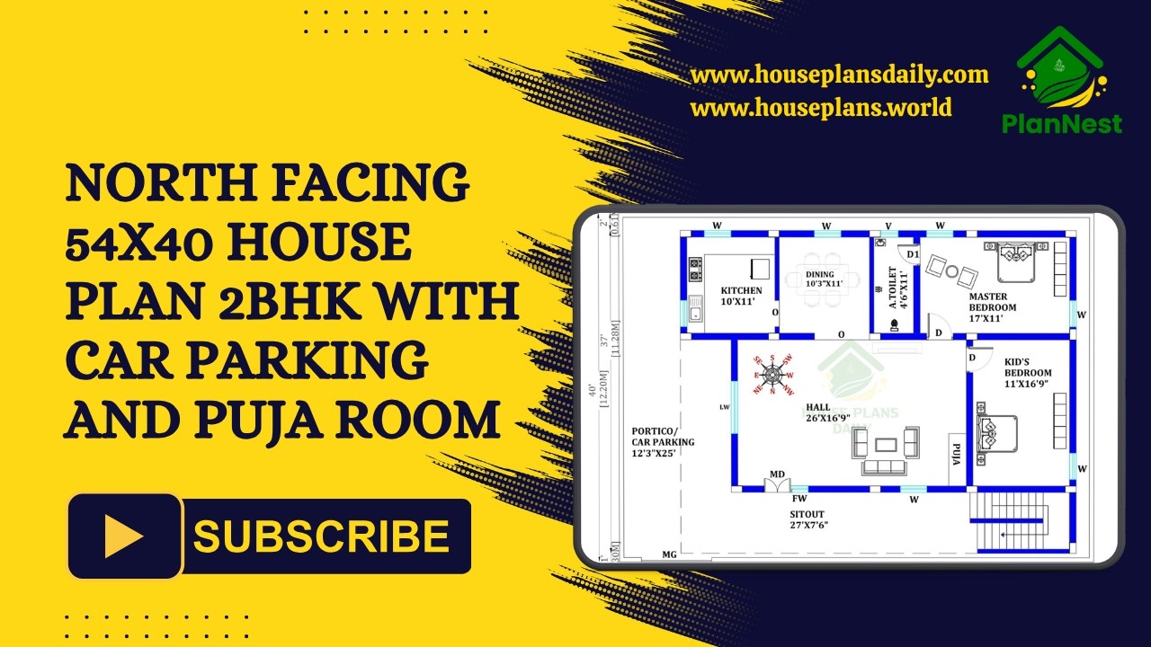 North Facing 54x40 House Plan 2BHK with Car Parking and Puja Room