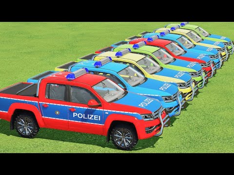 TRANSPORTING VOLKSWAGEN POLICE CARS WITH ISUZU COLORED TRUCKS - Farming Simulator 22