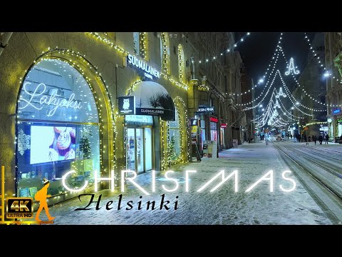 Christmas 2022 Snow Walk in Helsinki, Finland, Urban Night Walk, 4K Binaural