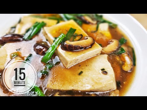 15-minute braised tofu recipe with scallions and shiitake mushrooms! A delicious 15-min vegan dish!