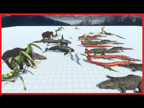 (2x) PURUSSAURUS,MAMMOTH,ORCA,GIANT MANTIS VS 4x FACTIONS - ANIMAL REVOLT BATTLE SIMULATOR