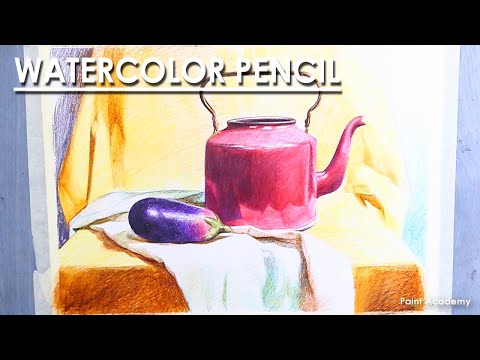 Still Life Drawing in Watercolor Pencil Kettle and an Eggplant upon a Drapery