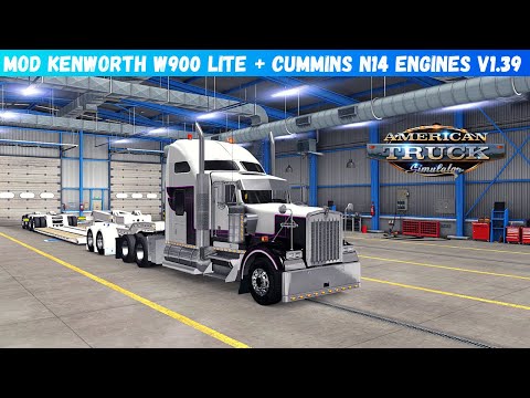 ATS Mods 1.39  Kenworth W900 lite + CUMMINS N14 engine and Lowboy Trailer | American Truck Simulator