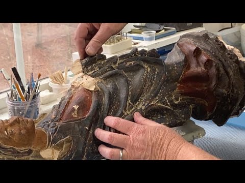 Large Madonna and child ceramic statue restoration video