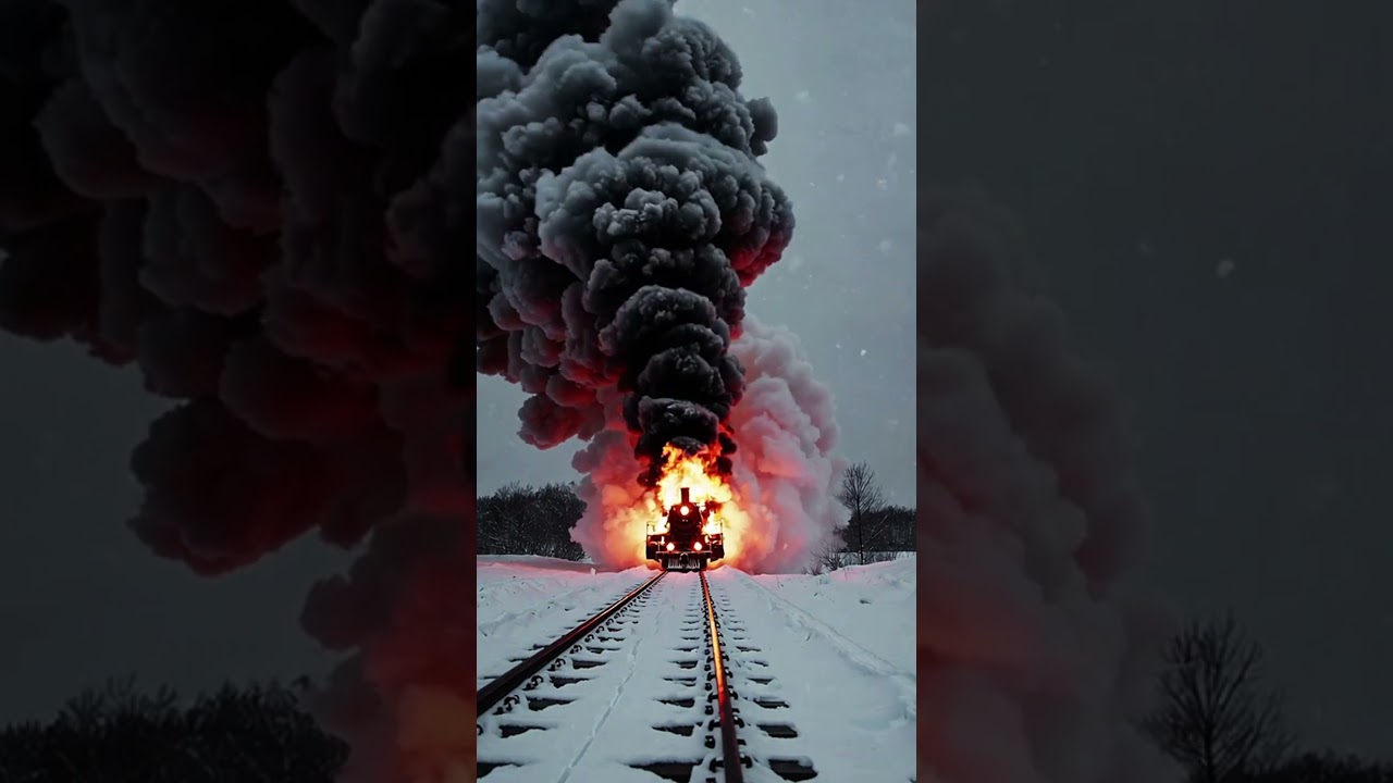 the flamimg train and the snow. kereta uap terbakar saat musim salju. #train #snow #flame #fyp #cool