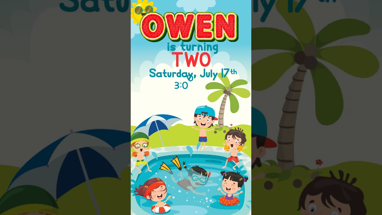Animated Boy Pool Party Invites With Personalized Photo and Text | Video Invitation, Summer Party