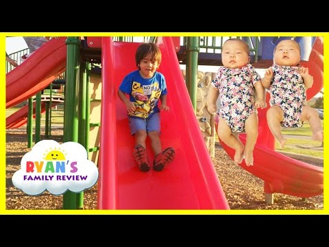 Ryan Twin Sisters First Time Outside! Playground for Kids Family Fun Playing at the Park Video