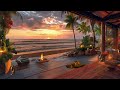 Cozy Beach House Porch in Summer Ambience | Relaxing Beach Waves and & Crackling Fire | Sunset Beach