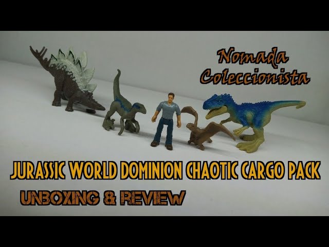 Vídeo relacionado con Mattel Jurassic World Dominion Chaotic Cargo Paquete de 5 mini figuras, 1 humano y 4 juguetes de dinosaurio en paquete temático de camión de carga
