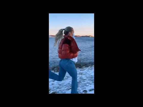 Red moncler puffer girl