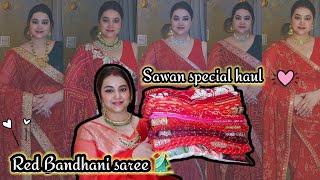 Affordable Flipkart Sawan special Red Bandhani saree & jewellery set/Gotta patti work bandhani saree